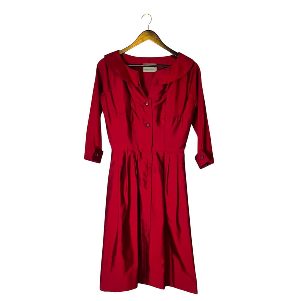 Vintage Malcolm Charles Shirt Dress Womens Medium Red Satin Fit Flare 50s